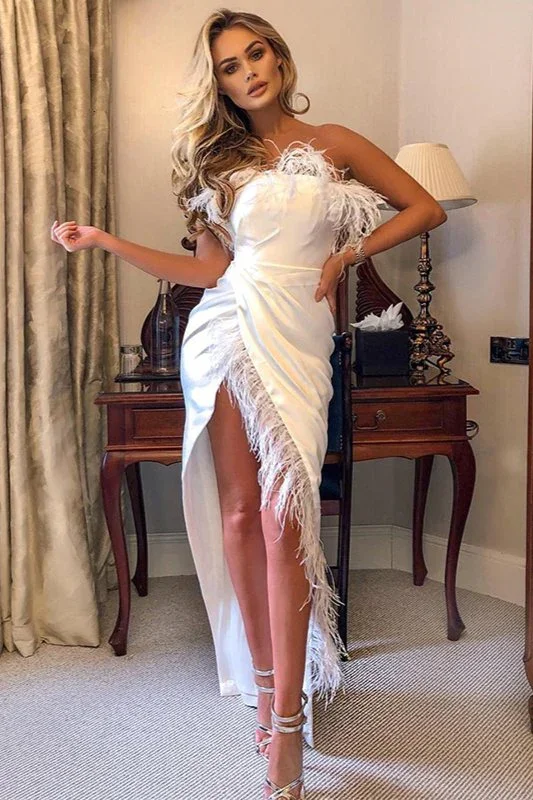 Hurry In Chic Strapless Feather Prom Dress With Front Split,DS4611