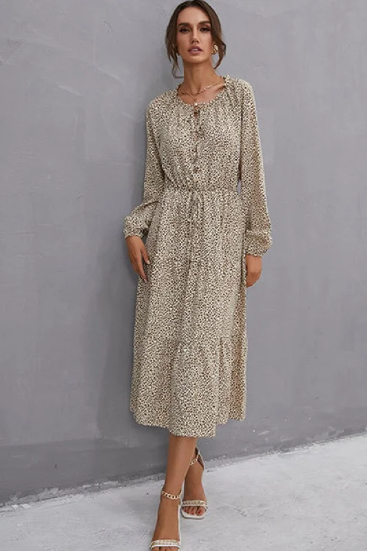 Price Blitz WOMEN BUTTON LACED NECK LEOPARD DRESS