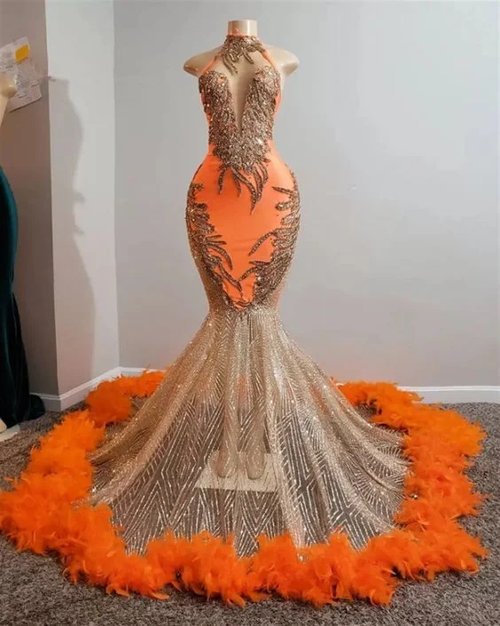 Buy More, Save More Orange South African Prom Dresses Mermaid Appliques Beaded Feather Black Girls,BL18621