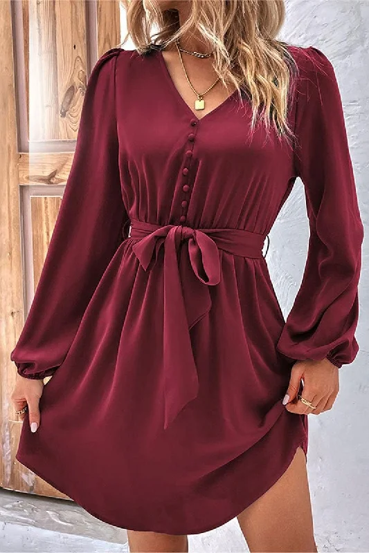 Lowest Prices TIED WAIST BUTTON NECK LONG SLEEVE DRESS