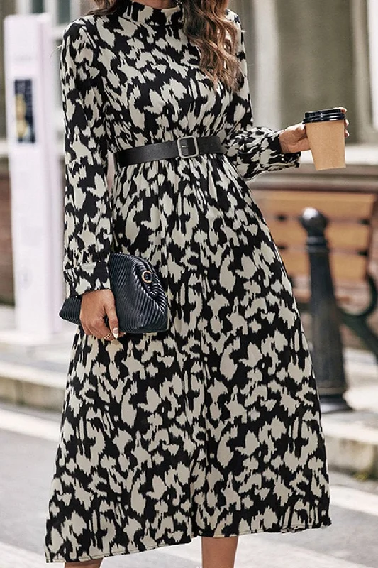 Super Sale WOMEN HIGH NECK LONG SLEEVE LEOPARD MAXI DRESS