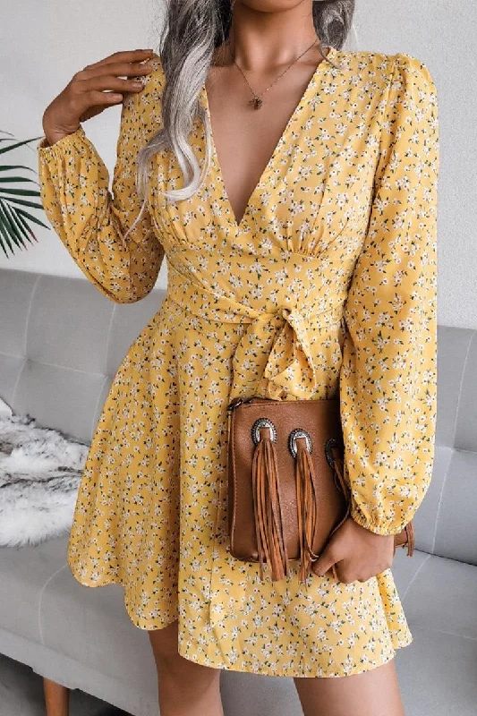 Epic Deals V NECK LONG SLEEVE FLORAL CHIFFON DRESS