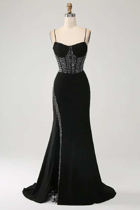 Super Bargain Gorgeous Black Spaghetti Straps Sequin Mermaid Long Prom Dress with Slit,DP1868