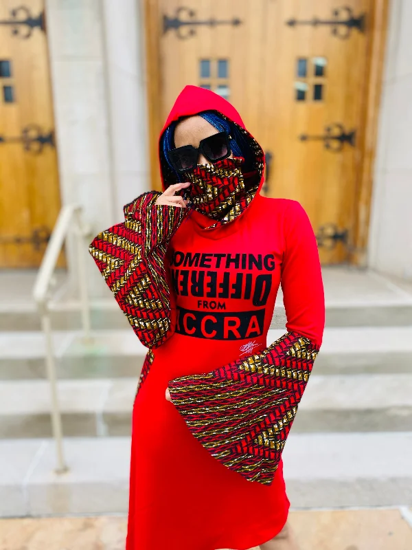Final Sale Red Asymmetric Hem Midi; Attached Ankara Mask & Bell Sleeves; ‘Something Diff Frm ACCRA’ -Customisable-