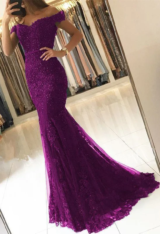 Unmissable Offer Off Shoulder Lace V-neck Mermaid Prom Dresses Purple Formal Evening Gowns,DS4668