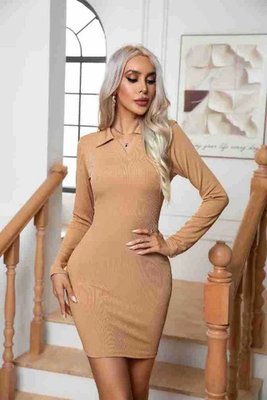 Price Cut WOMEN COLLARED V NECK LONG SLEEVE SLIM FIT DRESS