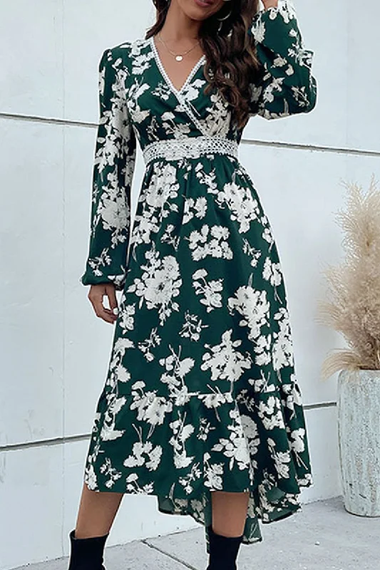 Hot Deal FLORAL PATTERN V NECK ELEGANT DRESS