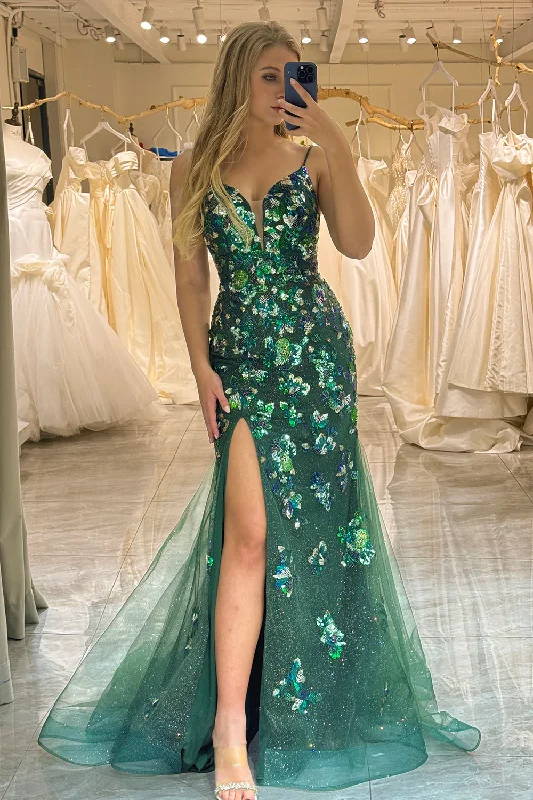 Daily Specials Dark Green Straps Beading Tulle Mermaid Long Prom Dress,DP1852