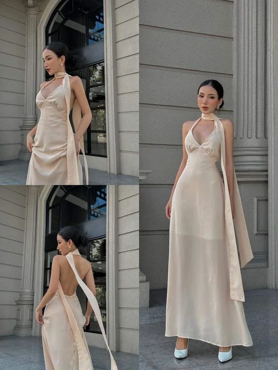 Deep Discounts Champagne V Neck Halter Nackless Long Party Dress,DP1822