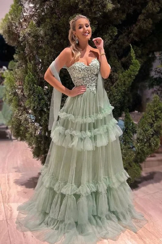 Weekend Flash Sale Light Sage Sweetheart A-Line Strapless Tulle Formal Evening Gown,DP1791