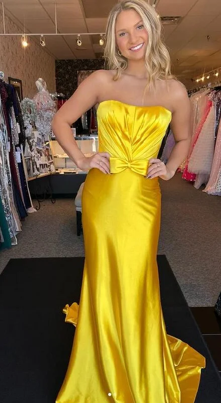 Blowout Sale Charming Yellow Strapless Mermaid Satin Long Prom Dress,DP1977