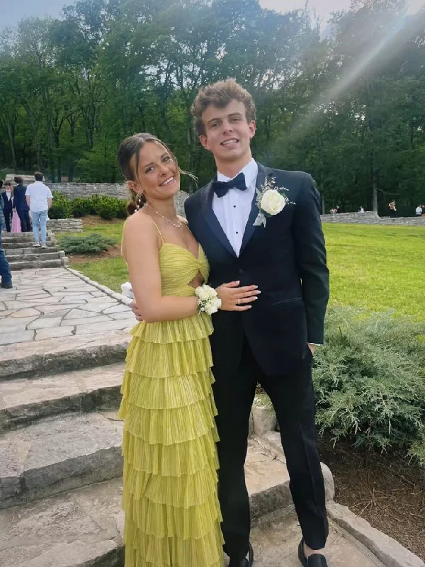 Discount Days Yellow Spaghetti Straps A-Line Tiered Long Prom Dress,DP1881