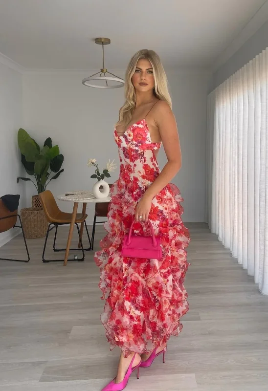 Price Buster Red Floral Printed A-Line Backless Ruffle Long Party Dress, DP2023