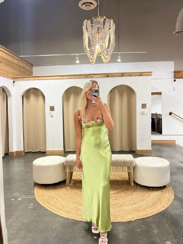 Act Fast Green Spaghetti Straps Embroidery Long Party Dress,DP1844