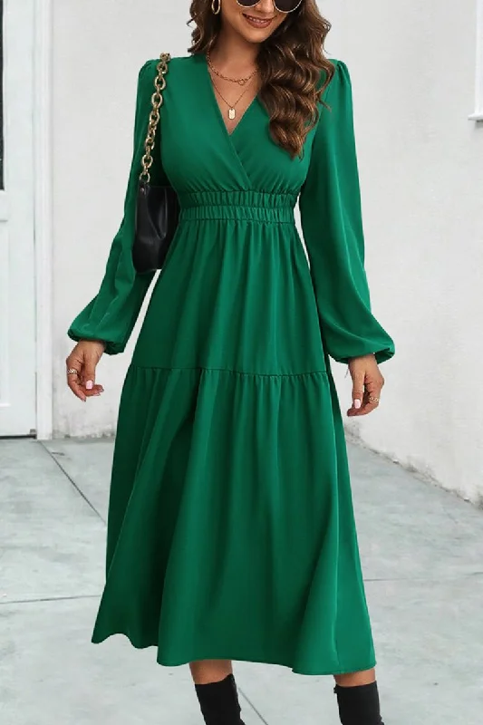 New Markdowns WOMEN ELASTIC WAIST V NECK LONG SLEEVE MAXI DRESS