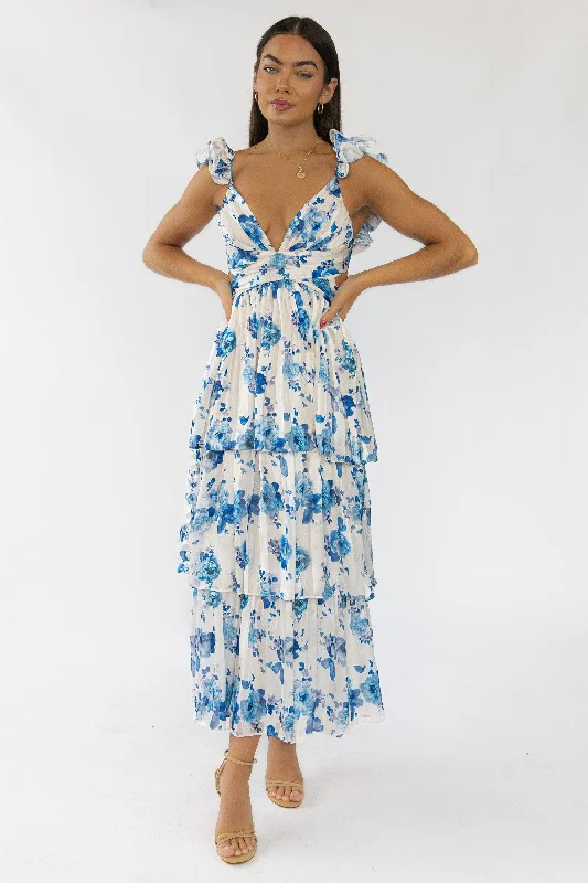 Super Bargain Carmen Blue Floral Maxi Dress