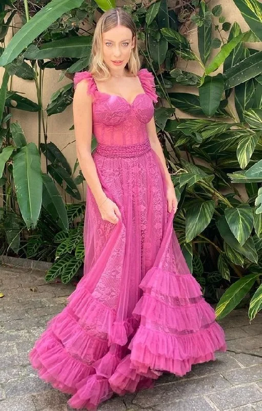 Overstock Sale Fuchsia Straps A-Line Tulle Lace Long Prom Dress,DP1785