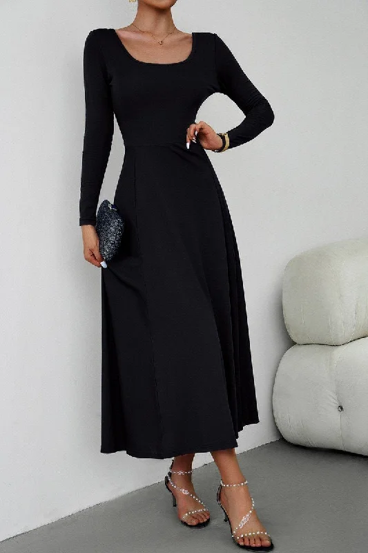 Major Savings WOMEN U NECK LONG SLEEVE SLIM WAIST LONG DRESS