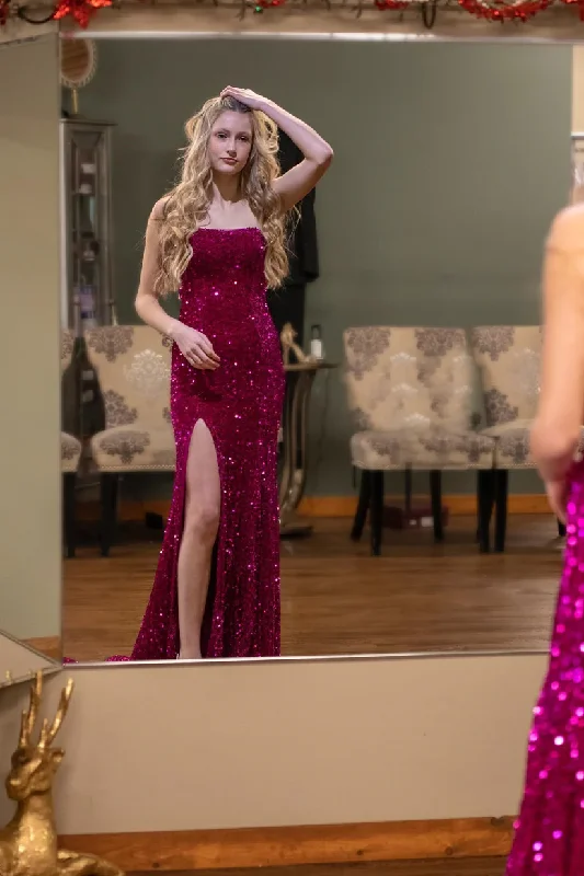 Final Clearance Fuchsia Strapless Sequin Mermaid Long Prom Dress with Slit, DP2015