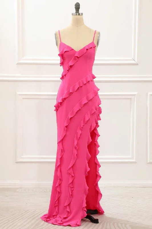 Early Access Hot Pink Straps Backless Ruffle Long Party Dress with Slit,DP1863