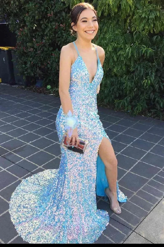 Crazy Deals Sparkly Light Blue Sequin V-Neck Backless Mermaid Formal Dresses, Long Prom Dress With Sequins ,DS4516