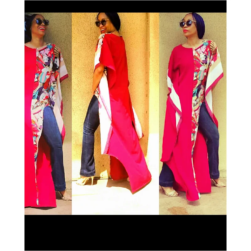 Customer Appreciation Sale Hi Low Kaftan in Red/Faces Print