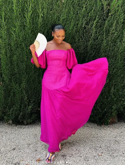 Special Savings Fuchsia Puffy Sleeves A-Line Chiffon Long Party Dress,DP1923
