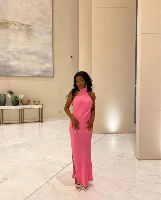 New Arrival Pink Halter Black Girl Wedding Gueat Dress Long Party Dress with Slit,DP1805 New Arrival Pink Halter Black Girl Wedding Gueat Dress Long Party Dress with Slit,DP1805