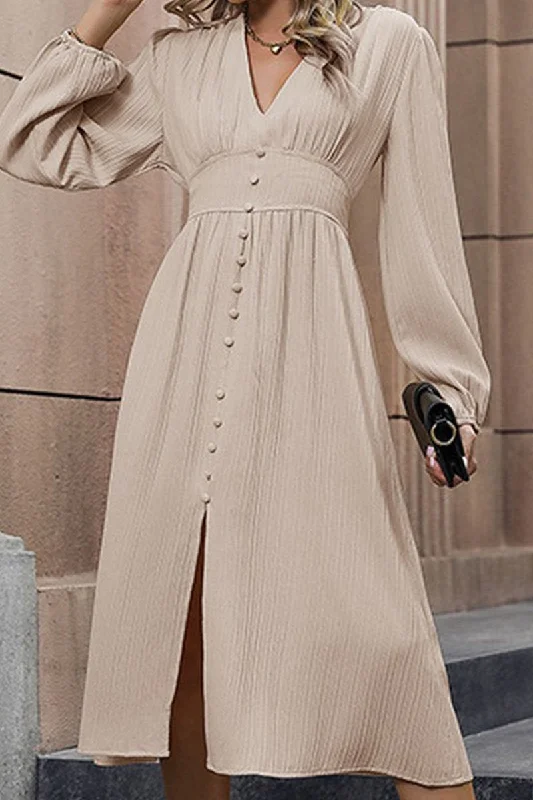 Stock Clearance WOMEN V NECK LONG SLEEVE EMPIRE WAIST SLIT DRESS