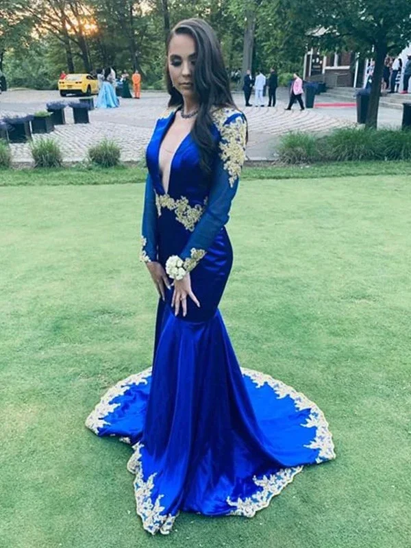 Best Bargains Trumpet/Mermaid Long Sleeves Silk like Satin V-neck Applique Sweep/Brush Train Prom Party Dresses,DS4836