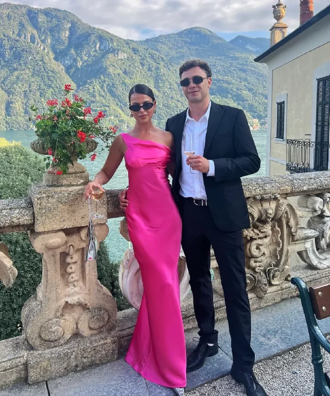 Special Discount Hot Pink One Shoulder Satin Mermaid Long Party Dress,DP1960
