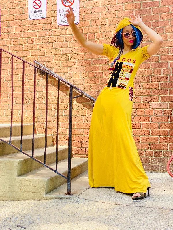 Referral Discount MUSTARD MAXI LOVE LAGOS HOODED DRESS, ANKARA DETAIL