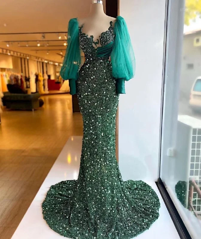 Hurry In hunter green evening dresses long sleeve modest elegant sparkly mermaid luxury formal party dresses women evening gown,DS4955 Hurry In hunter green evening dresses long sleeve modest elegant sparkly mermaid luxury formal party dresses women evening gown,DS4955