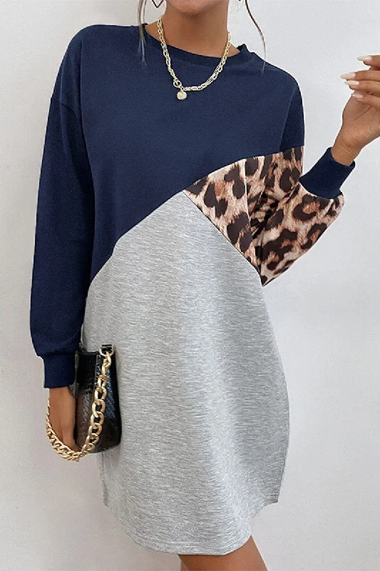 Deal Explosion WOMEN LEOPARD COLOR BLOCK LONG SLEEVE COZY DRESS