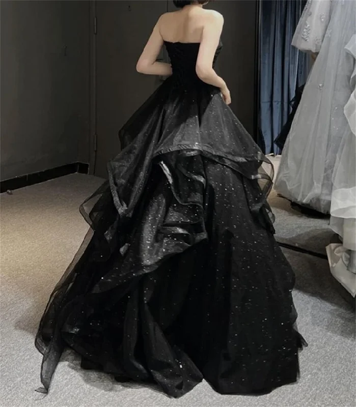 New Deals Black Shiny Sweetheart Strapless A-Line Long Party Dress Evening Gown,DP1861