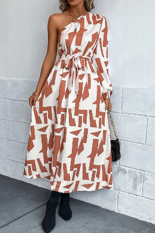 Today’s Deal WOMEN ONE OFF SHOULDER BELTED LONG PRINT DRESS