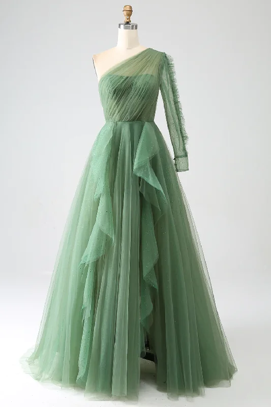Clearance Event Green A-Line One Shoulder Ruffle Tulle Long Prom Dress,DP1866