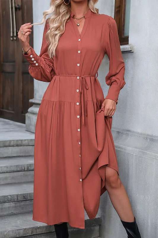 Sneak Peek Sale WOMEN LONG SLEEVE V NECK BELTED LONG LENGTH DRESS