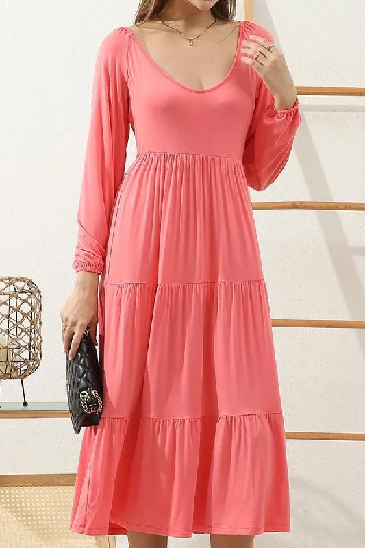 Closeout Sale ROUND NECK TIRED CASUAL RUFFLE MAXI SOLID DRESS