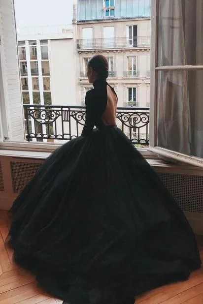 Big Savings High Neck Black Ball Gown Prom Dresses With Long Sleeves,Formal Dresses,DS4660