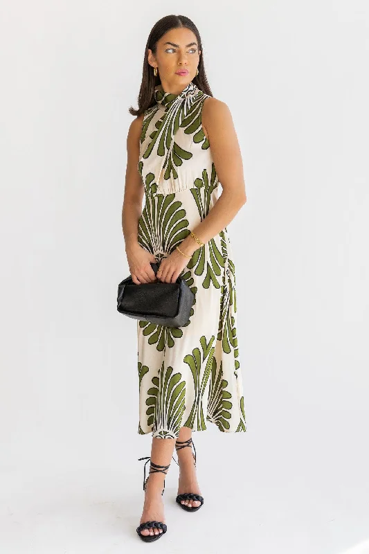 Deal Frenzy Alaina Olive Abstract Midi Dress - Final Sale
