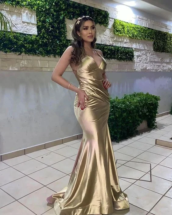 Best Deals Gold V Neck Mermaid Satin Formal Party Dress,DP1955