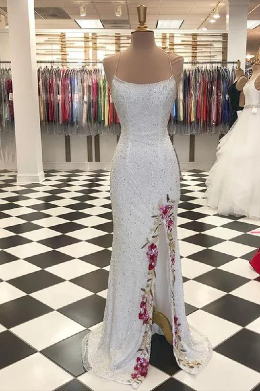 Closeout Shiny White Straps Long Party Dress with Slit,DP1947