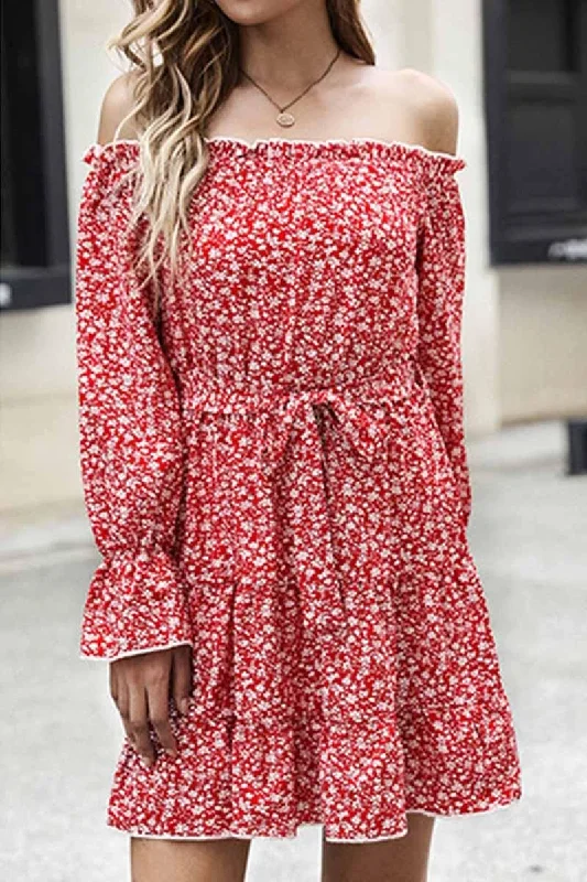 Big Discounts FLORAL STRAP OFF SHOULDER RUFFLE DRESS