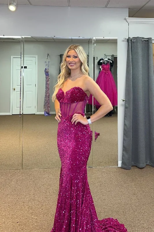 Great Deals Fuchsia Sweetheart Sequin Mermaid Long Prom Dress, DP2014