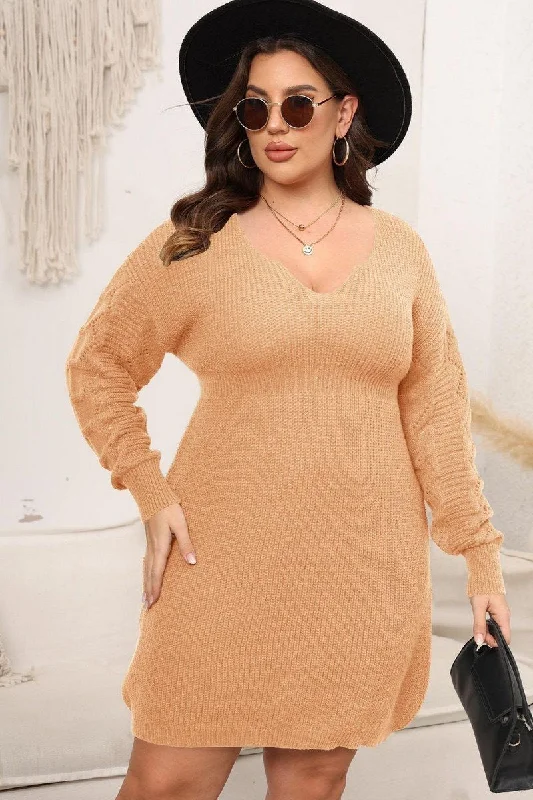 Discount Deals WOMEN PLUS SIZE LONG SLEEVE KNITTED SWEAT DRESS
