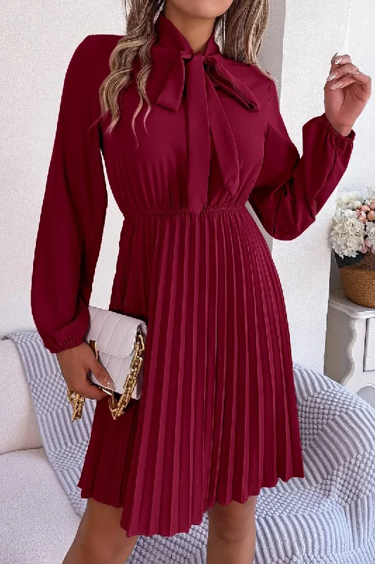 Low Prices WOMEN TIED HIGH NECK SHIRRED WAIST PLEATED DRESS