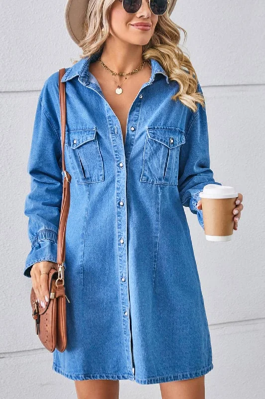 Deal Dash BELL SLEEVE LOOSE CARDIGAN DENIM SHIRT DRESS_CWDSD2576