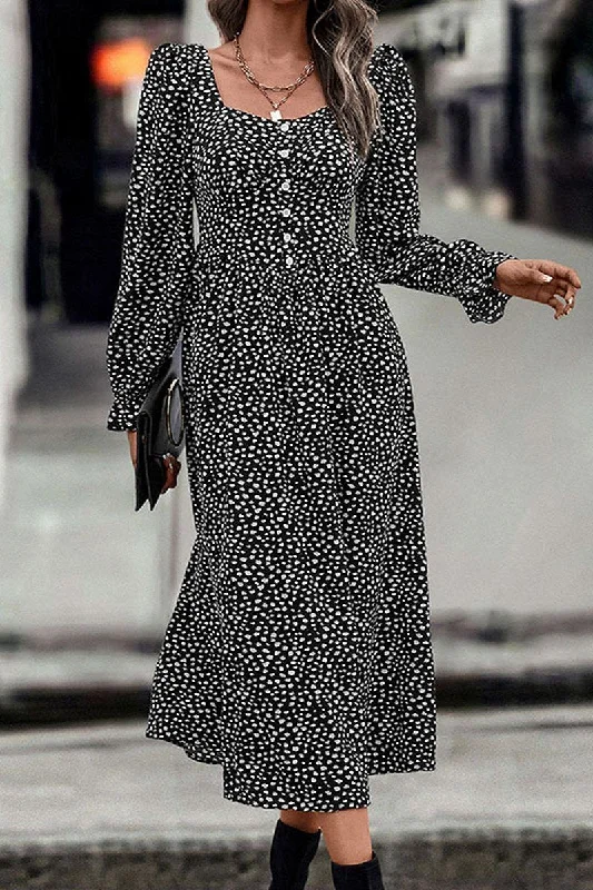Referral Discount WOMEN DEEP SQUARE NECK LONG SLEEVE PATTERN DRESS