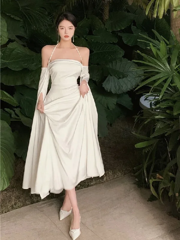 Price Drop White Halter Off Shoulder A-Line Satin Long Party Dress,DP1984